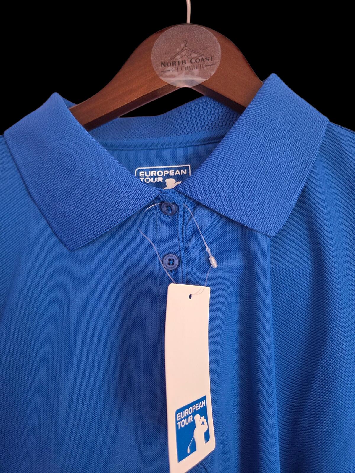 Womans European Tour Blue Polo Shirt with Sleeve Logo