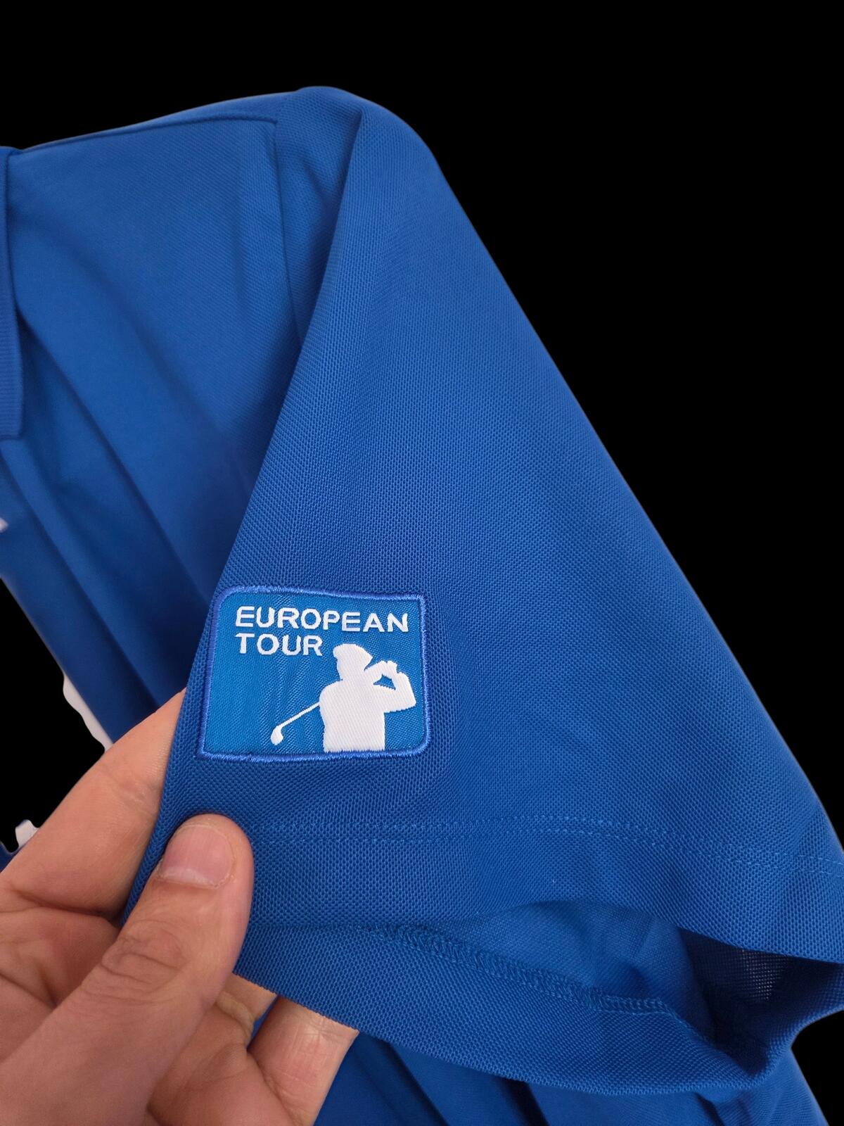 Womans European Tour Blue Polo Shirt with Sleeve Logo