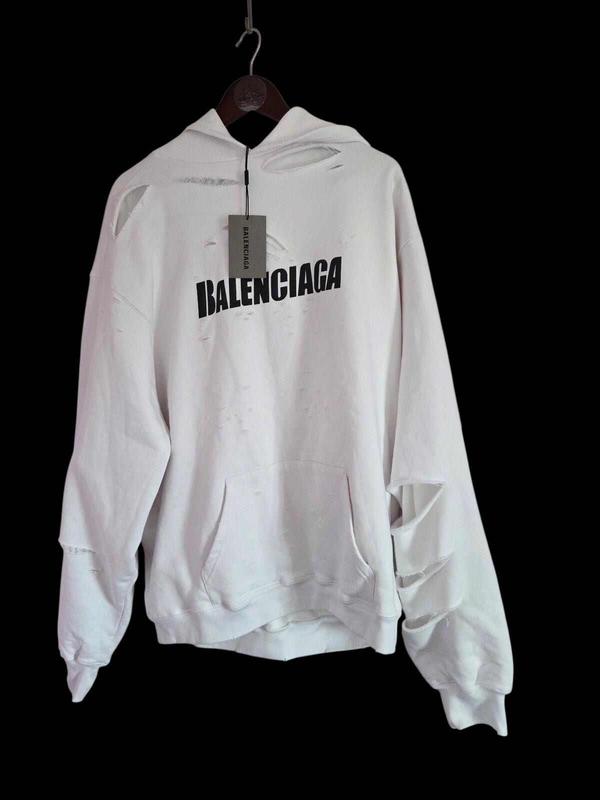 Balenciaga Destroyed White Hoodie with Black Logo (Medium oversized)