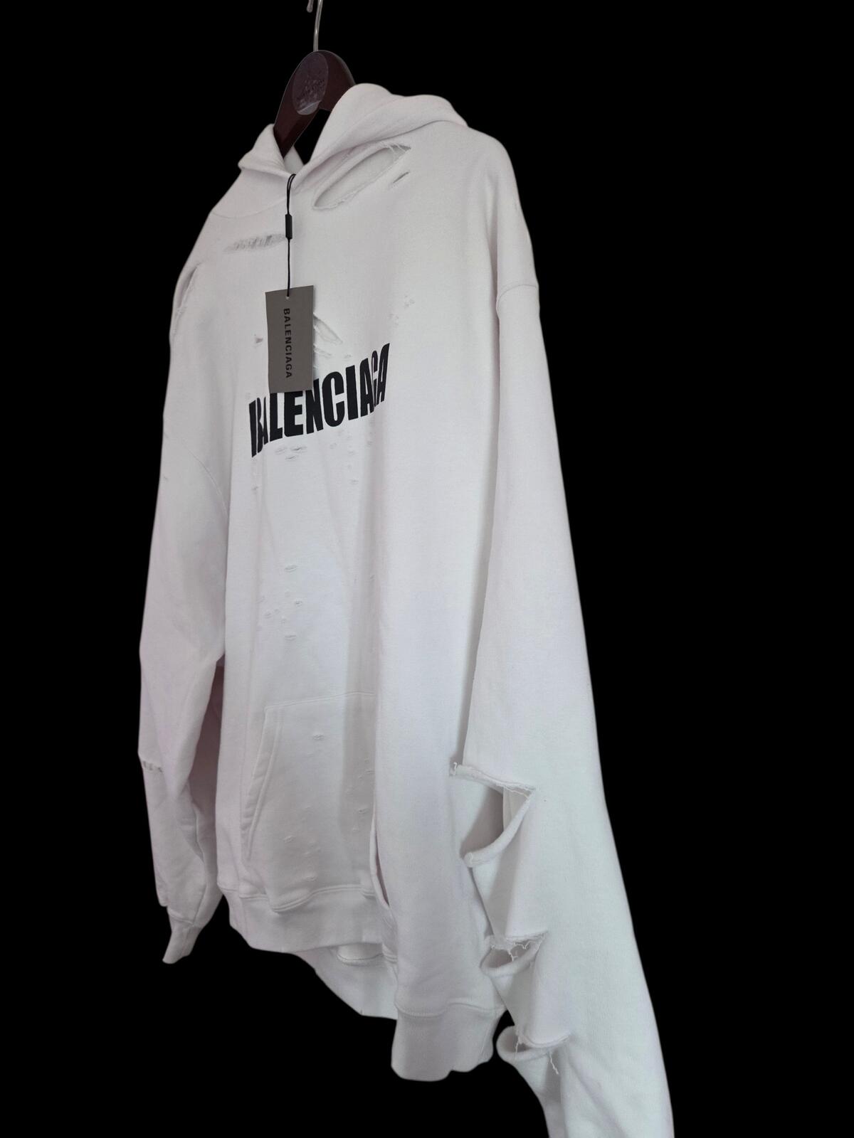 Balenciaga Destroyed White Hoodie with Black Logo (Medium oversized)