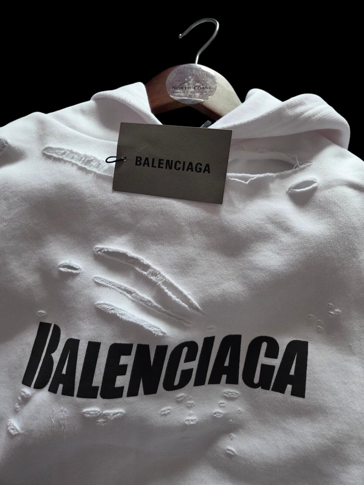 Balenciaga Destroyed White Hoodie with Black Logo (Medium oversized)